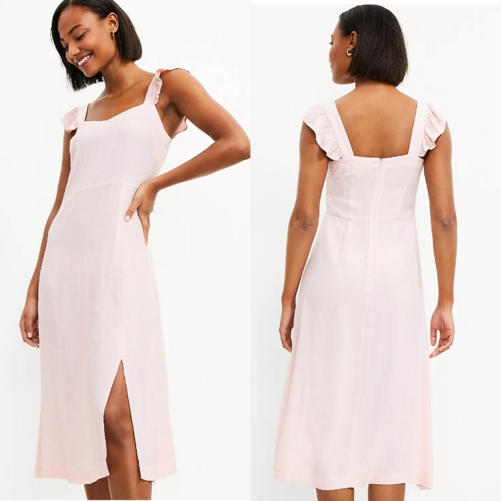 Loft Dotted Ruffle Strap Midi Dress Pink Sunshine Sz 8